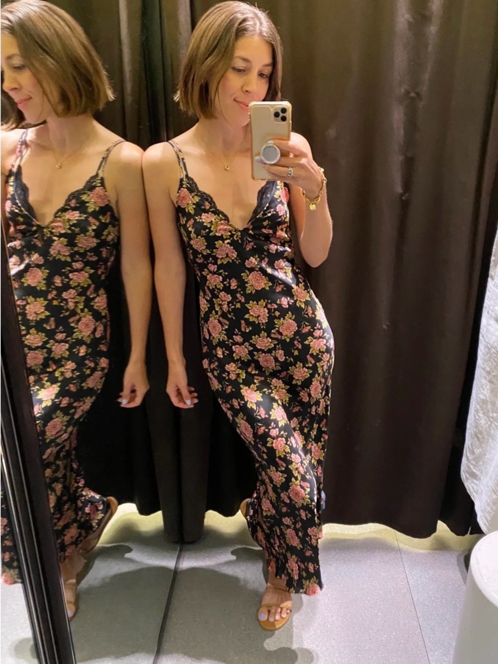 Zara Brown Maxi Slip Lingerie Style Print Dress Pink Floral Small